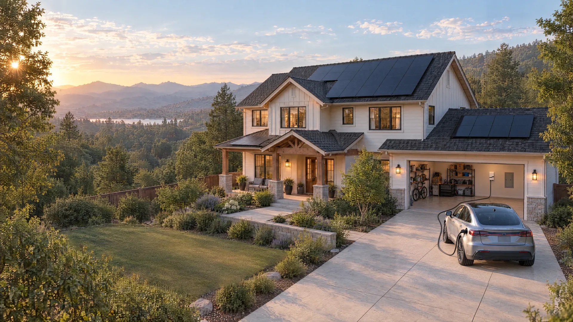 Example home with rooftop solar, a main panel in the open garage, and an electric car plugged into an Emporia EV charger