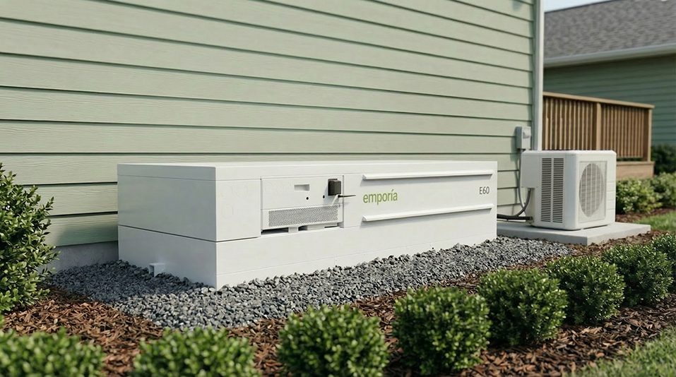 Emporia home battery installed outdoors next to a home